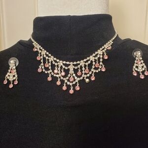 Elegant Silver and Pink Necklace & Pierced Earrings Jewelry Set
